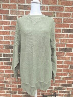 Aerie Oversized Sage Green Ribbed Knit Crewneck Sweater Distressed Small